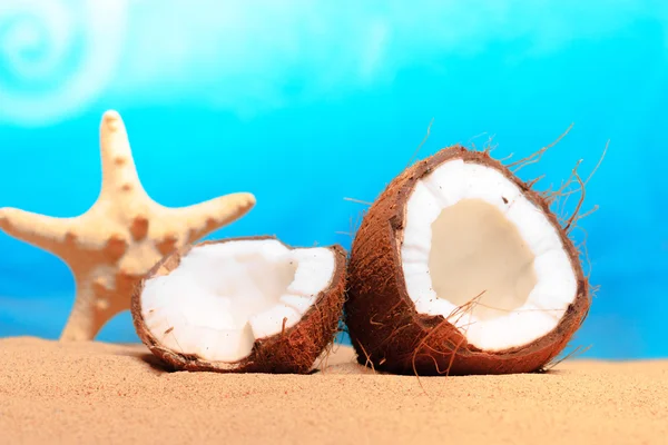 Chopped coconut on sea-beach background — Stock Photo, Image
