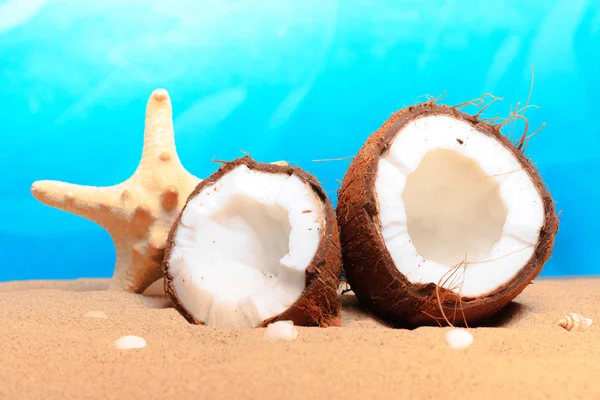 Chopped coconut on sea-beach background — Stock Photo, Image