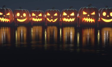 Cadılar Bayramı için balkabağı seti. Yansıma zemininde kırmızı mumlar olan Jack OLantern 'ler. 3d oluşturma.