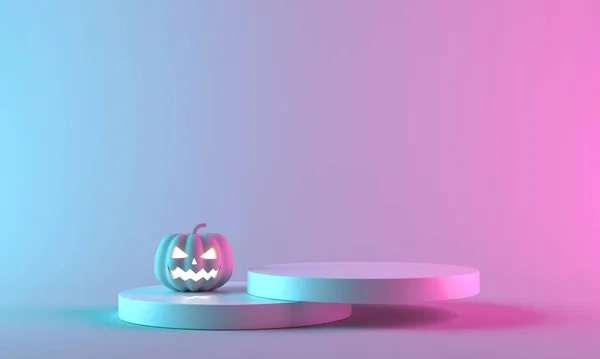 Rosa Halloween pumpa med podium display stå på pastell bakgrund. 3d-konvertering. — Stockfoto