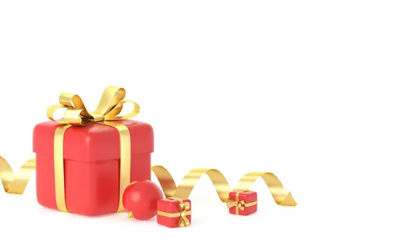 Caixa de presente vermelho de Natal com decorações isoladas no fundo branco. Renderização 3d — Fotografia de Stock