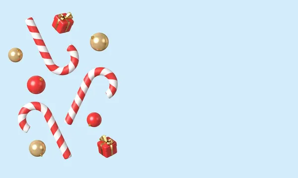 Karácsonyi cukornád, golyók és kis ajándékdobozok kék háttérrel. 3D-s renderelés. — Stock Fotó