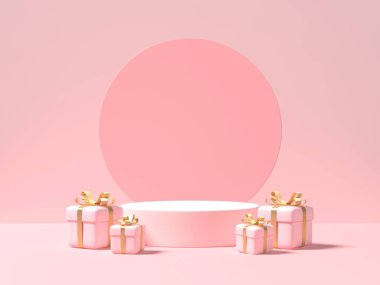 Pembe podyum ve pembe arka planda hediye kutuları. 3d oluşturma