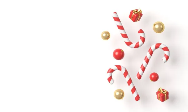 Candy canes, balls and little gift boxes on white background. Top view. 3d rendering — Stock Photo, Image