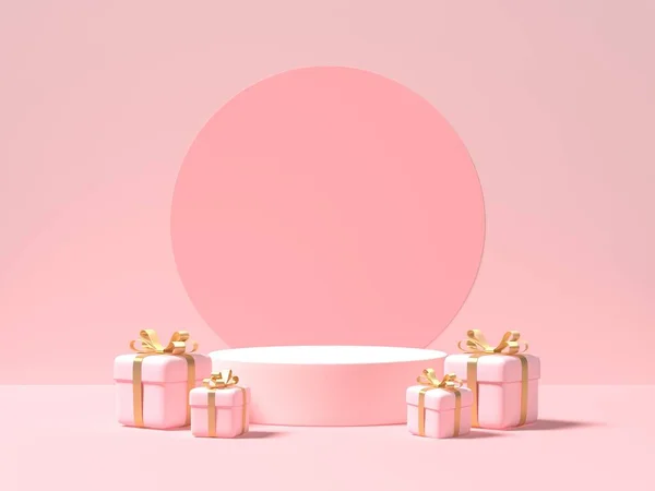 Podio rosa e scatole regalo su sfondo rosa. rendering 3d — Foto Stock
