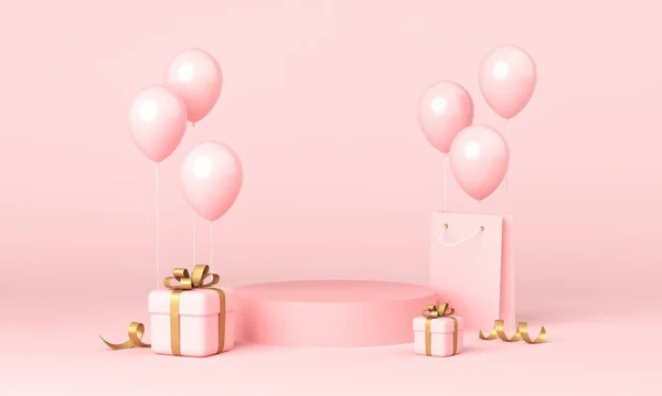 둥근 무대, 선물 상자, 풍선 이 있는 분홍 광장. 3d 렌더링 스톡 사진
