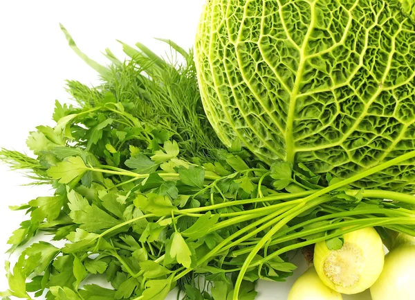 Salat, Wirsing und Gurken in weiß — Stockfoto