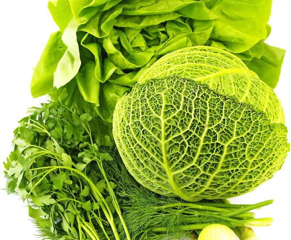 Lettuce, Savoy cabbage and cucumbers in white — Stock Photo, Image