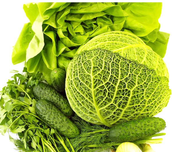 Lettuce, Savoy cabbage and cucumbers in white — Stock Photo, Image