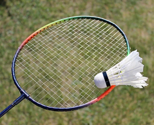 Badminton shuttlecocks em raquete — Fotografia de Stock