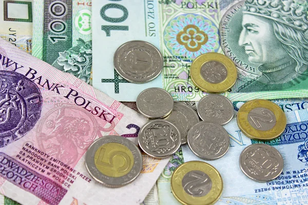 Polska zlotyn pln valuta - sedlar och mynt — Stockfoto