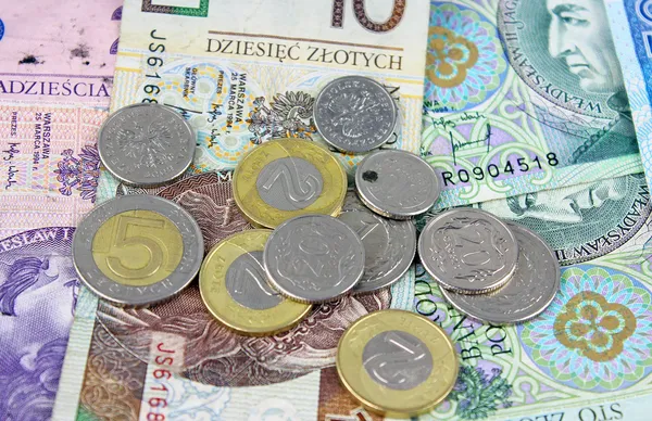 Polský zlotý pln měnu - bankovky a mince — Stock fotografie