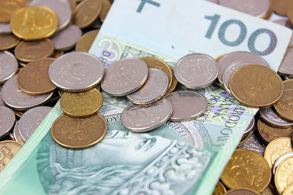 Польская злотых PLN валюта - банкноты и монеты — стоковое фото