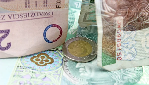 Польская злотая валюта (PLN) - банкноты и монеты — стоковое фото