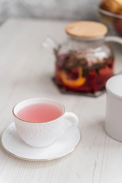 Cup Teapot Rose Tea Table — Stock Photo, Image