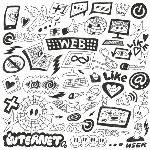 Web, internet, bilgisayarlar doodles — Stok Vektör