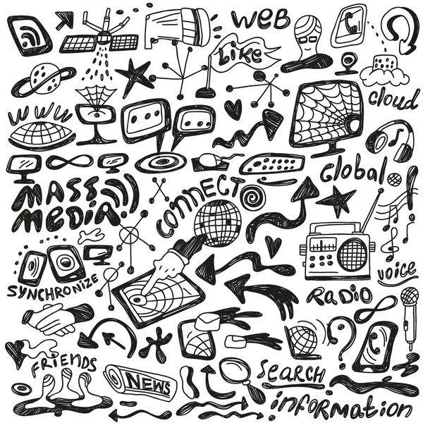 Web, meios de comunicação de massa - jogo de doodles — Vetor de Stock