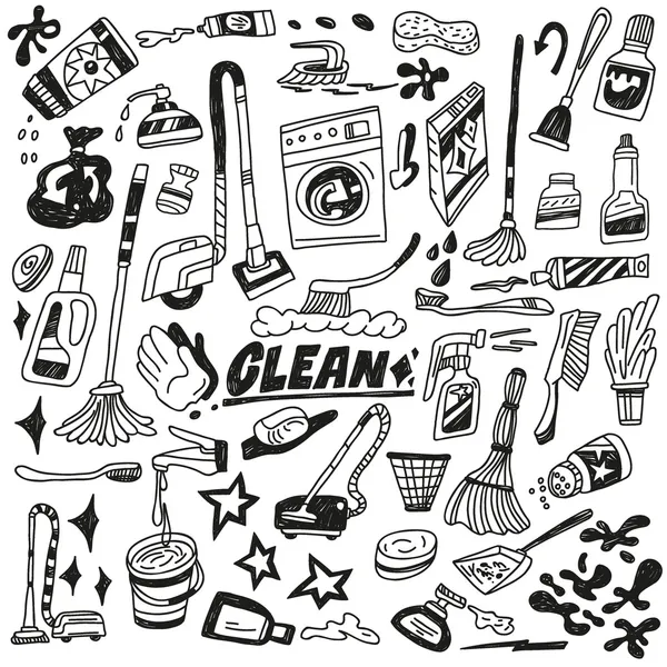 Cleaning tools doodles — Stock Vector