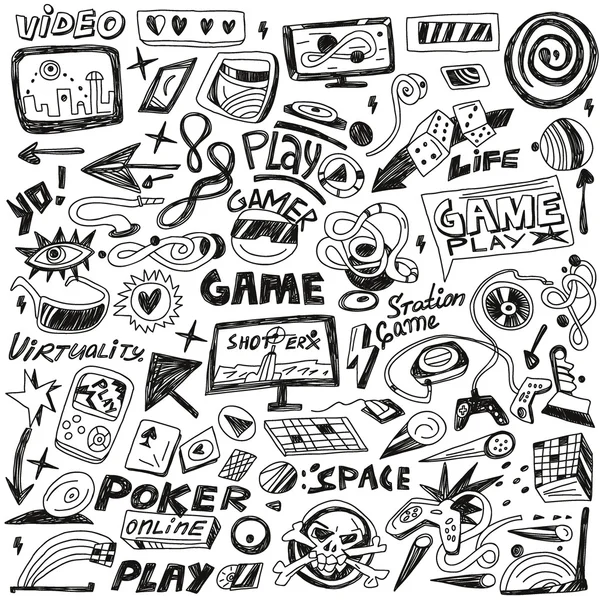 Jogos de computadores - vetor de conjunto de doodles — Vetor de Stock