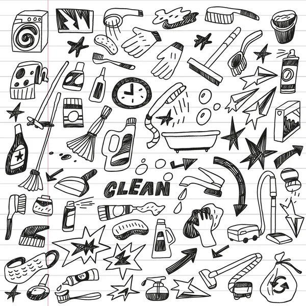 Cleaning tools doodles — Stock Vector