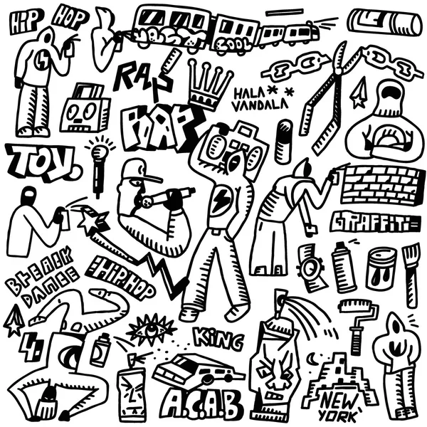 Rap, hip hop, graffiti - conjunto de garabatos — Vector de stock