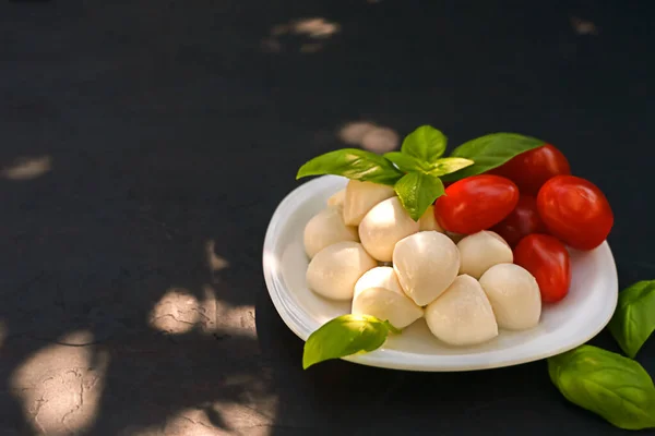 Delicious Mini Mozzarella Tomatoes Basil Plate — Stockfoto