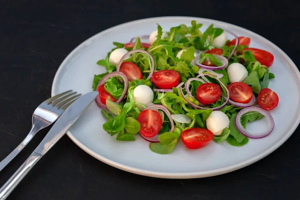 Summer Vegetarian Fresh Vegetable Salad Mozzarella White Dish Close — Stock Photo, Image