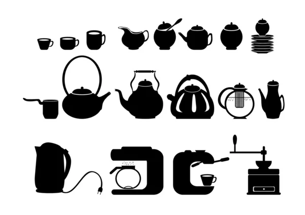 Siluetas relacionadas con café y té — Vector de stock