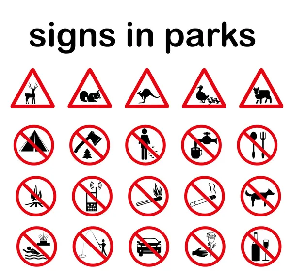 Park yasak işaretleri ve ekoloji uyarılar — Stok Vektör