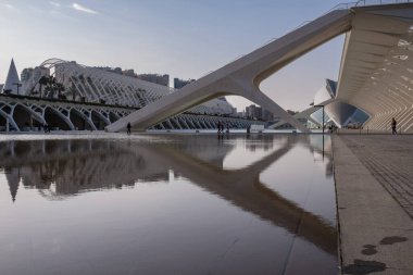 Valencia, İspanya: Sanat ve Bilim Şehri 'nin açık alanlarında yürüyen insanlar (Valencia dilinde: Ciutat de les Arts i les Ciencies). Önplandaki Umbracle ve Bilim Müzesi.