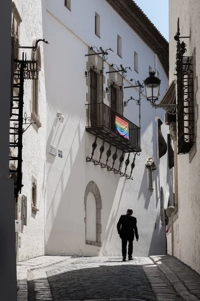 사람이 스페인 거리를 뒤에서 내려다 소수자 커뮤니티 깃발이 방식의 길거리 — 스톡 사진