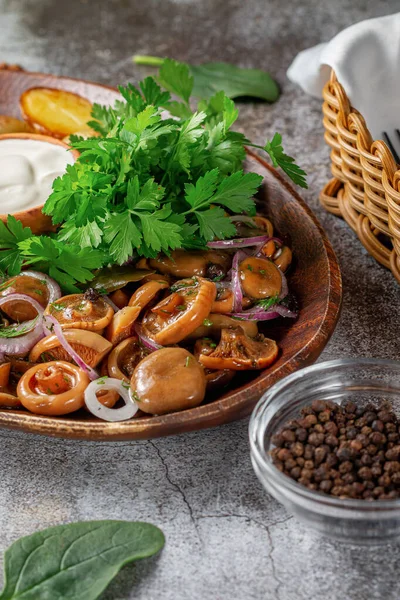 Serving Dish Restaurant Menu Country Style Baked Potatoes Pickled Mushrooms — Zdjęcie stockowe