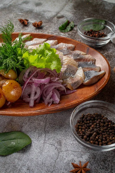 Serving Dish Restaurant Menu Salted Sliced Herring Fish Pickled Mushrooms — Stockfoto