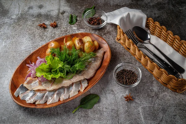 Serving Dish Restaurant Menu Salted Sliced Herring Fish Pickled Mushrooms — Zdjęcie stockowe