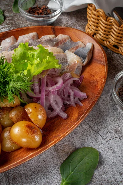Serving Dish Restaurant Menu Salted Sliced Herring Fish Pickled Mushrooms — Fotografia de Stock