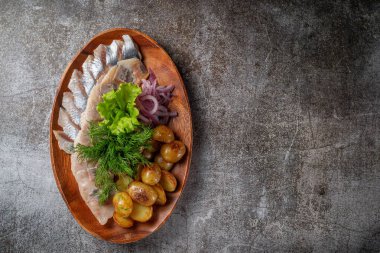 Serving a dish from a restaurant menu. Salted sliced herring fish with pickled mushrooms and onions, cream sauce, dill and parsley greens on a plate against the background of a gray stone table