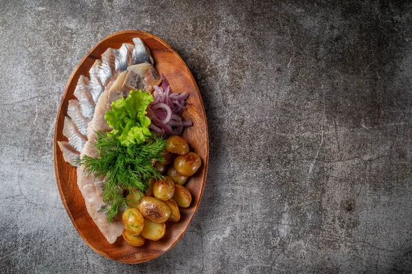 Serving Dish Restaurant Menu Salted Sliced Herring Fish Pickled Mushrooms — Zdjęcie stockowe