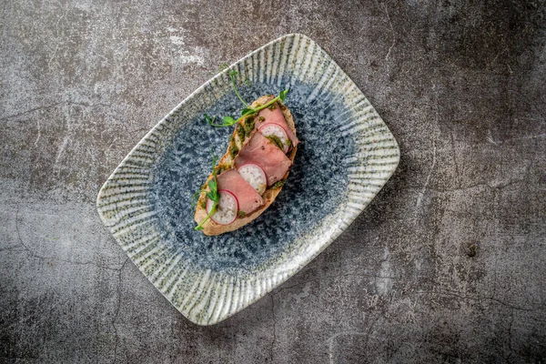 Open Bacon Radish Sandwich Gray Stone Table — Stok fotoğraf