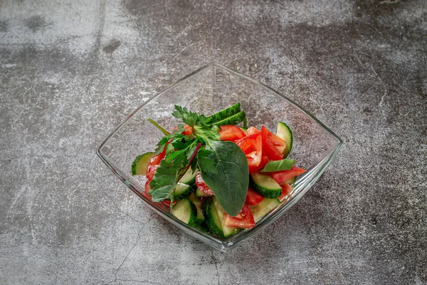 Summer Salad Fresh Cucumbers Tomatoes Herbs Glass Plate Gray Stone Royalty Free Stock Fotografie