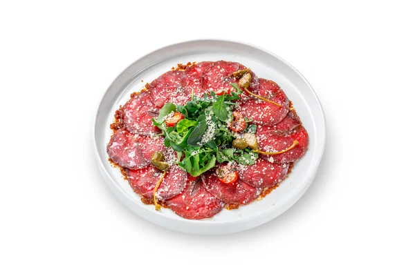 Beef Carpaccio Şarap Sosunda Pişirilmiş Taze Sığır Filetosunun Klasik Aperatifi — Stok fotoğraf