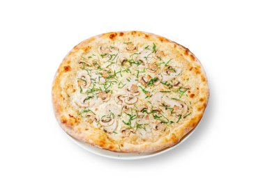 İzole edilmiş beyaz arka planda İtalyan pizzası. 