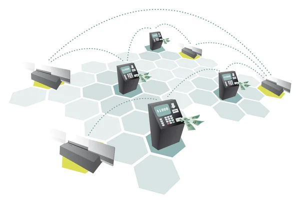 Réseau de guichets automatiques et cartes de crédit connexion ou Consommation — Image vectorielle