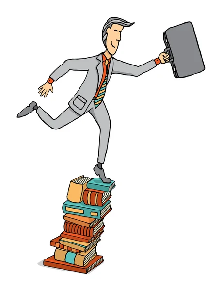 Businessman stepping on a pile of books — Stock Vector