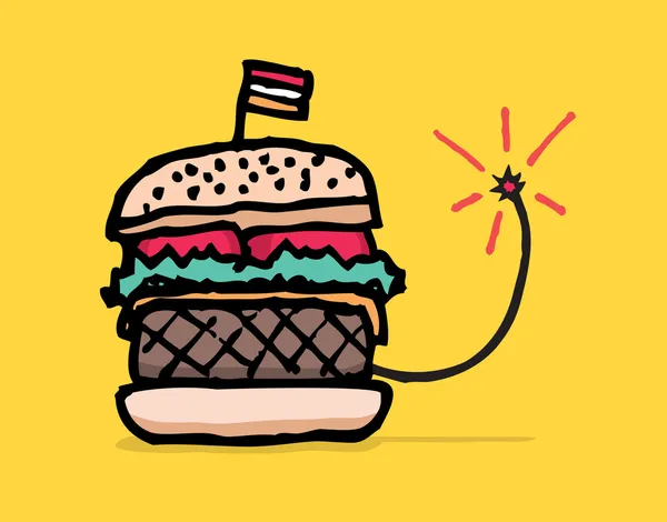 Comida rápida poco saludable o hamburguesa bomba — Vector de stock