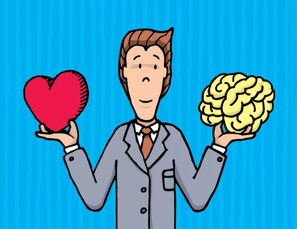 Affärsman välja mellan hjärta och hjärna — Stock vektor