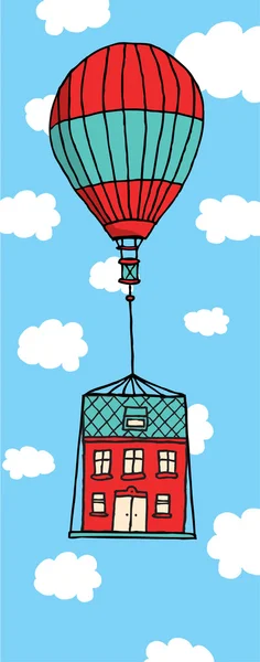 Casa móvil flotando con globo — Vector de stock