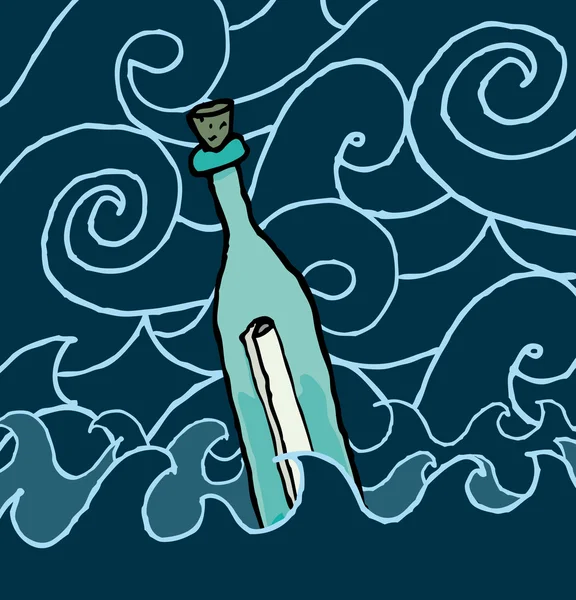 夜の海を漂う瓶の中のメッセージ — ストックベクタ