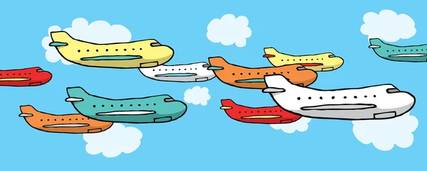 Viele Flugzeuge fliegen zusammen — Stockvektor