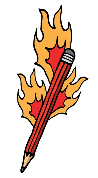 Cartoon pencil on fire — Stock Vector