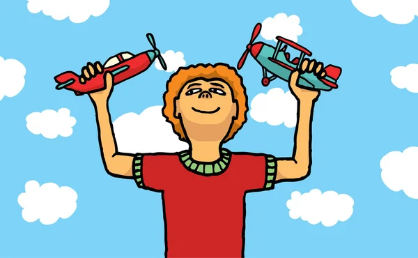 Мальчик играет с игрушечными самолетами — стоковый вектор